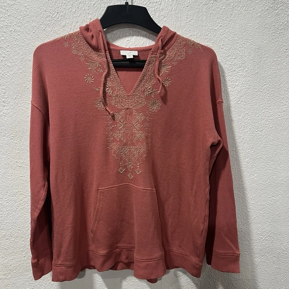 J. Jill Womens Sz M Embroidered Waffle Knit Pullover Drawstring Hoodie Dark Rose